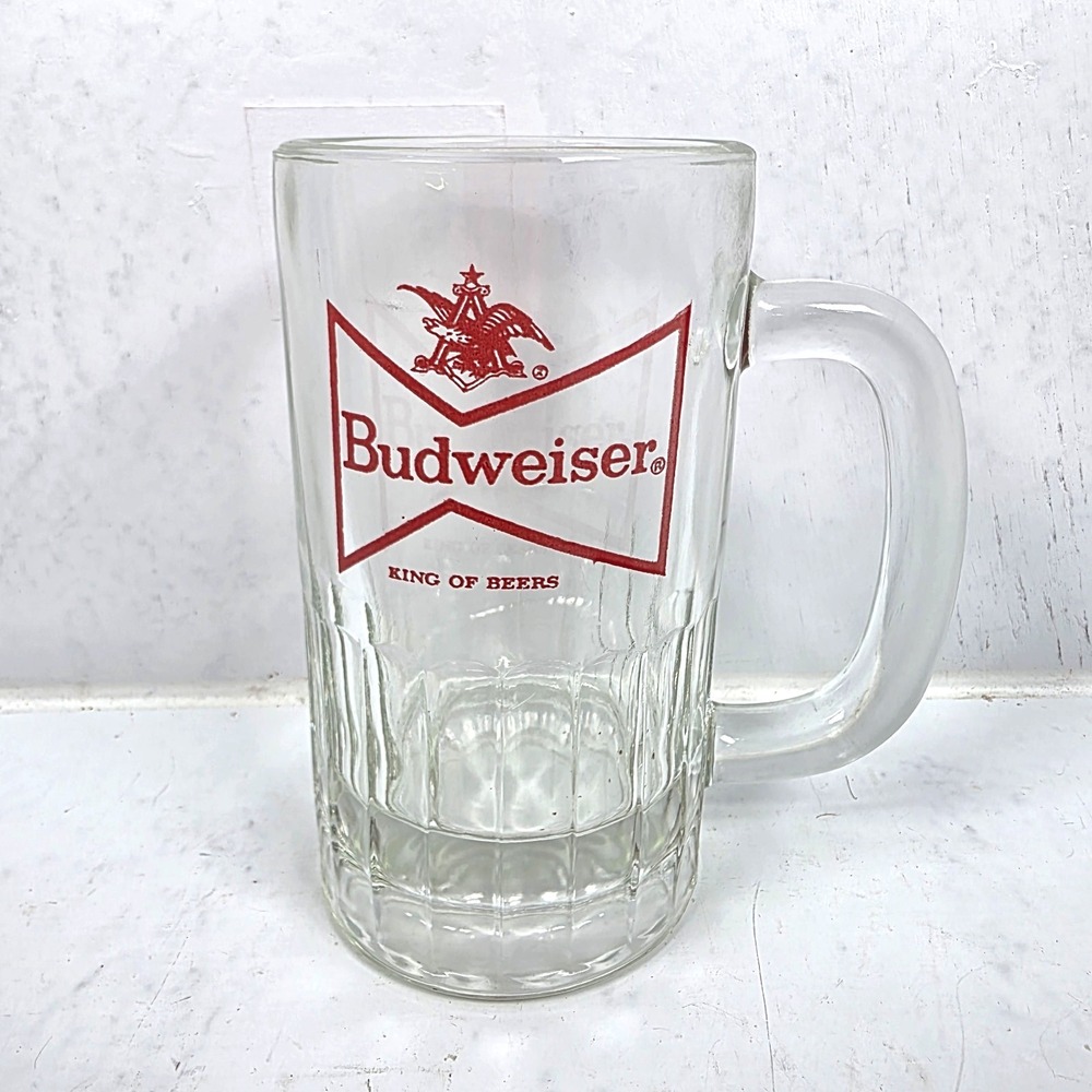 Vintage Beer Stein Budweiser King of Beers Glass Mug Clear 5.5" Heavy Glass